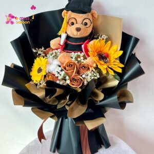 Graduation Bear With Spec Flower Bouquet
